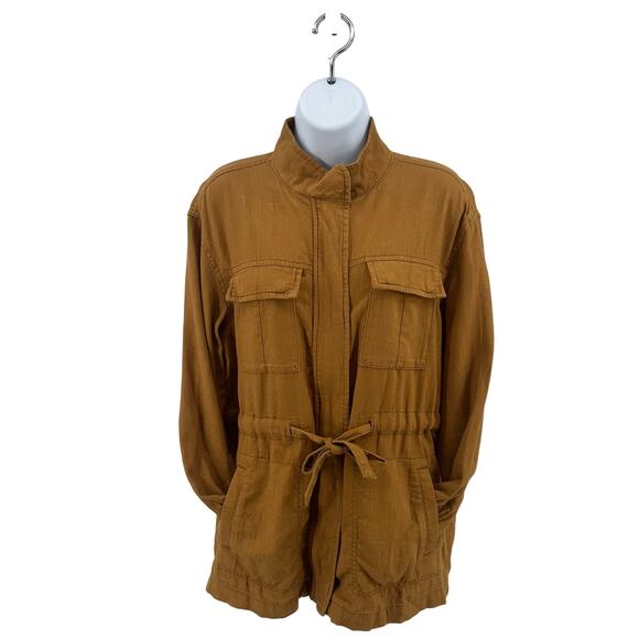 Old Navy Mustard Yellow Linen Blend Utility Jacket Womens XS Full Zip Drawstring - Picture 2 of 10